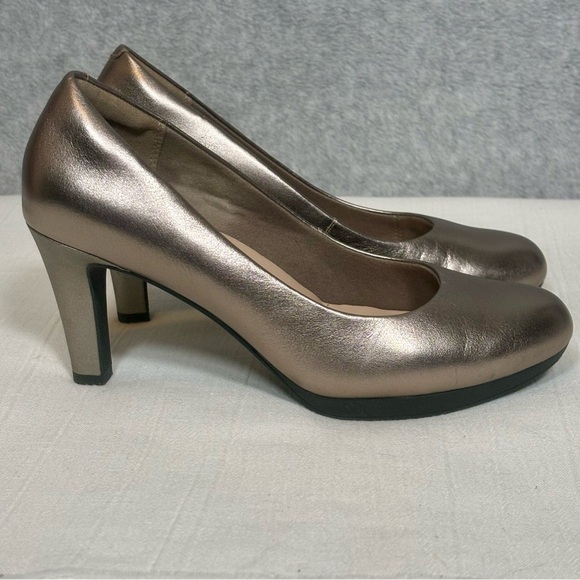 Clarks Shoes - Clarks Ambyr Joy High-Heeled Comfort Leather Pumps Shoes-Gold-Women Size 9
